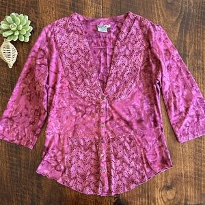 GoFish | 100% Cotton Pink Tie Dye Button Down Blouse with Eyelet, Size S